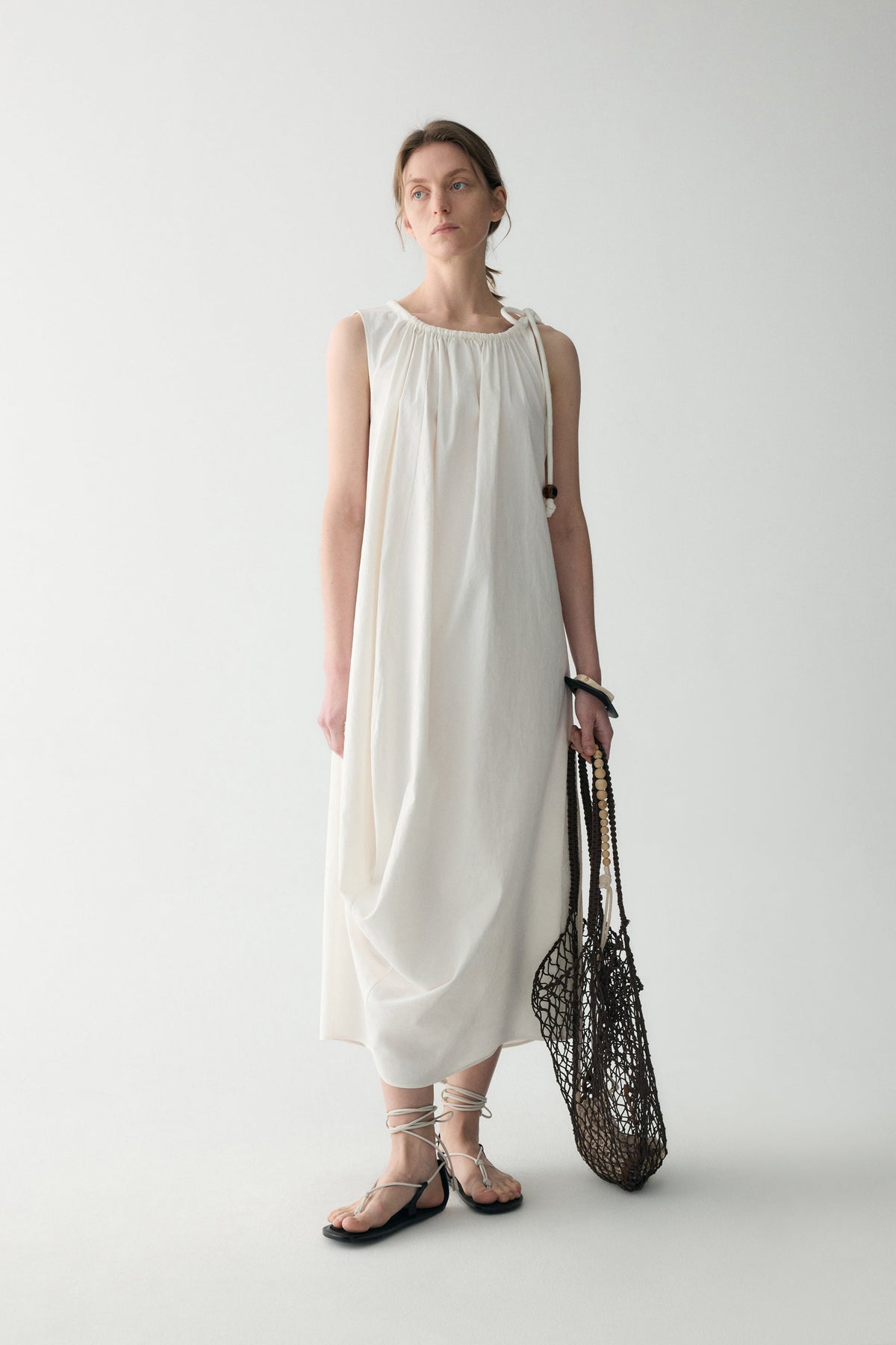 Gathered Cotton-linen Dress Cream White / 4