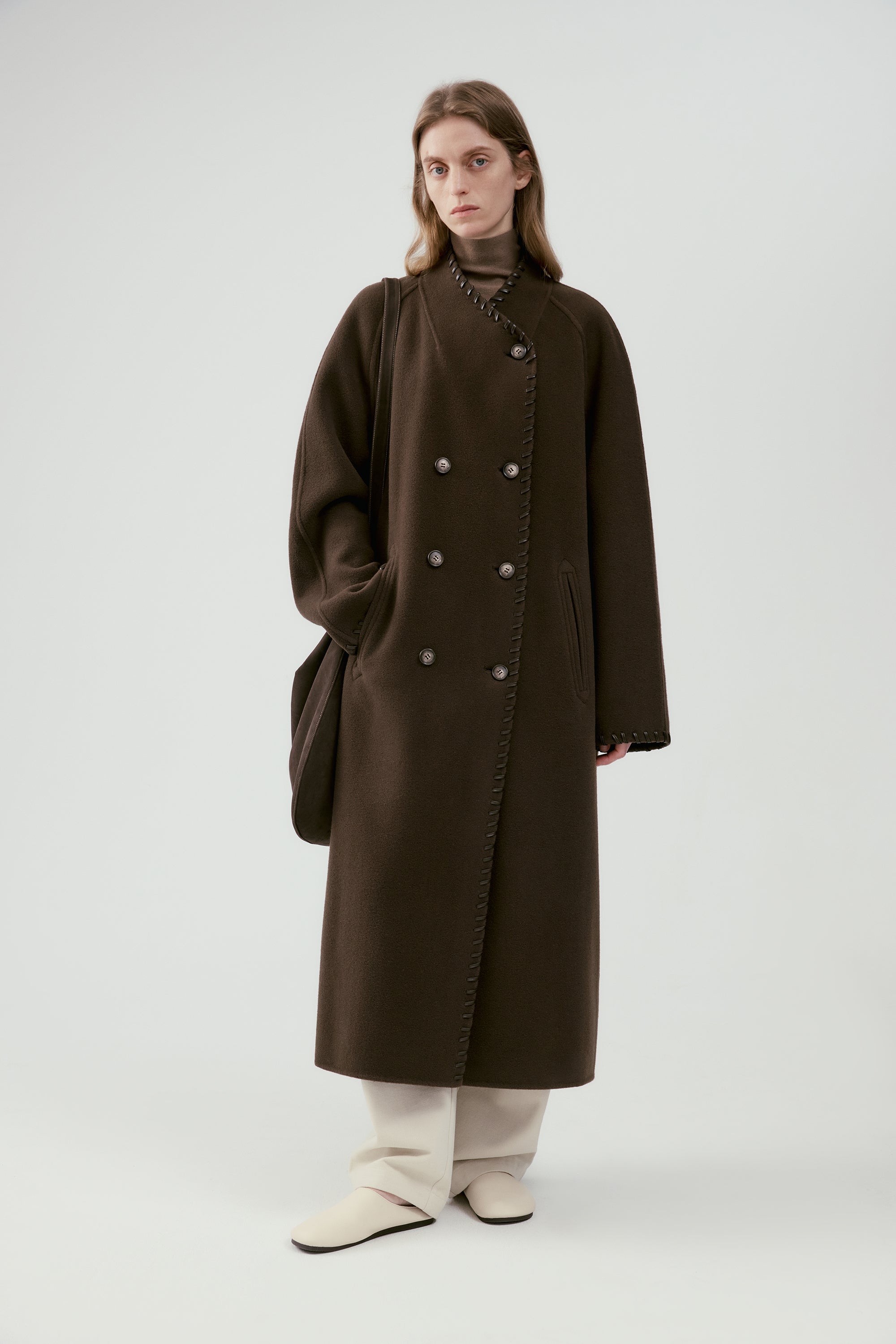 Long Leather Trimmed Wool Coat