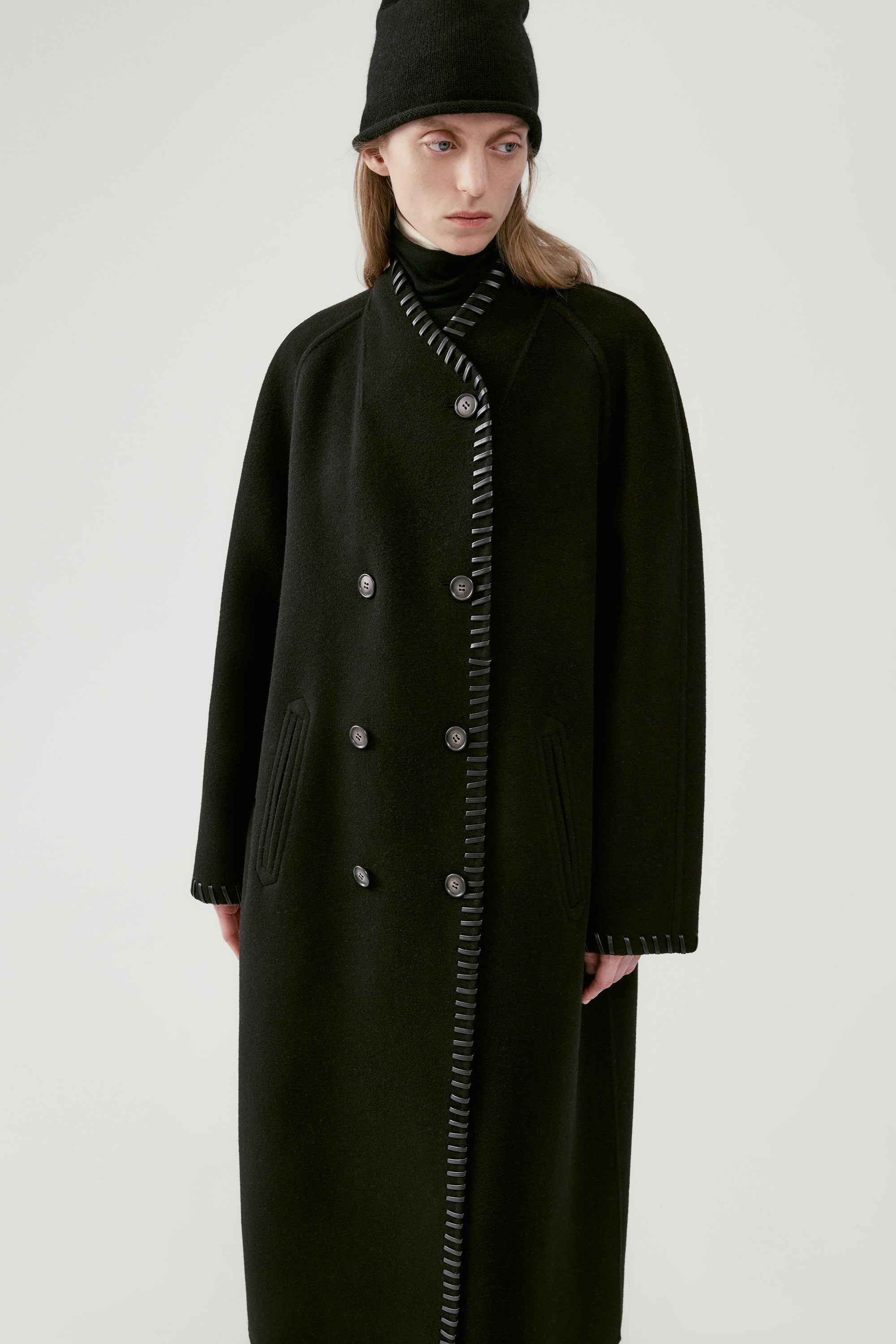 Long Leather Trimmed Wool Coat