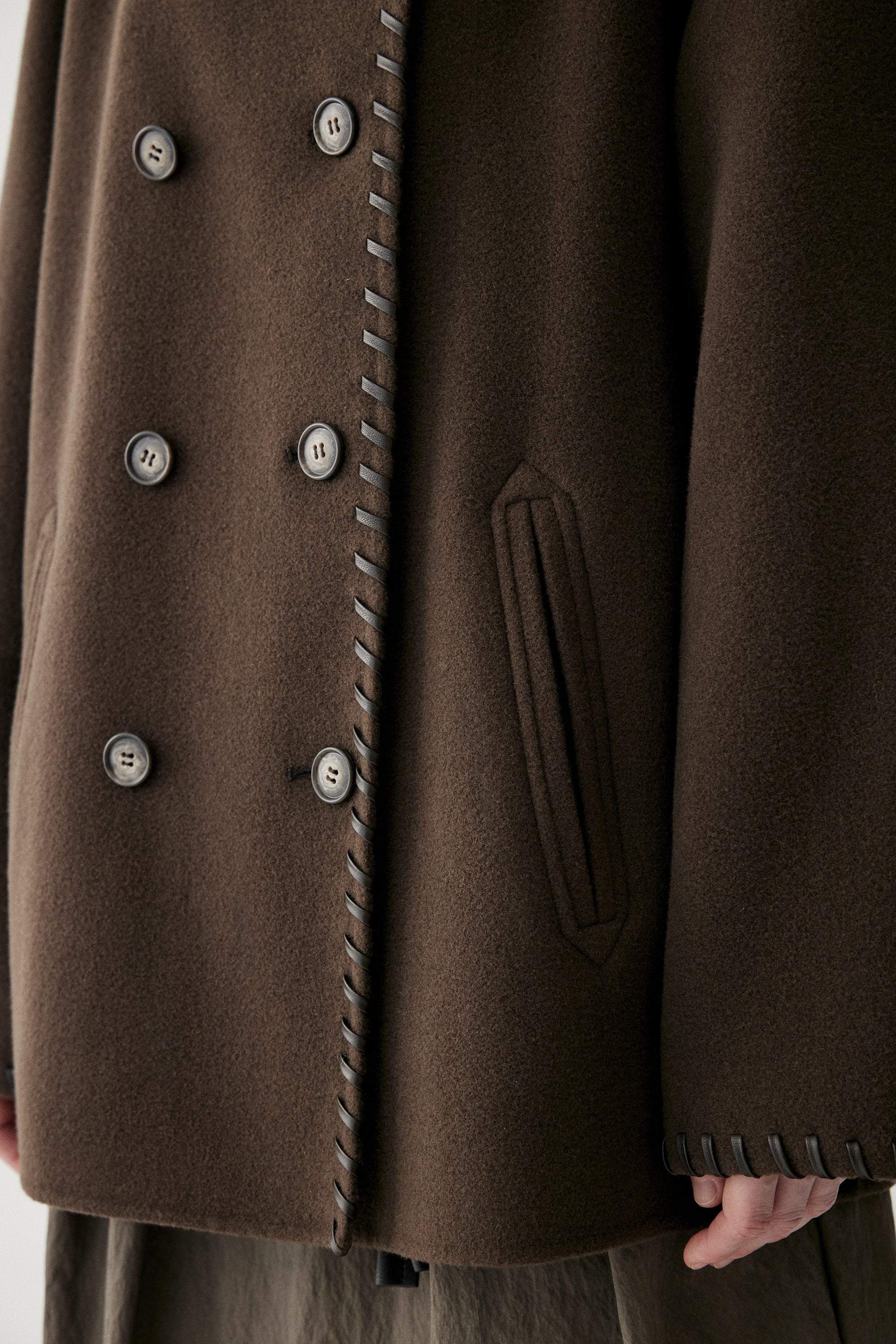Leather Trimmed Wool Coat