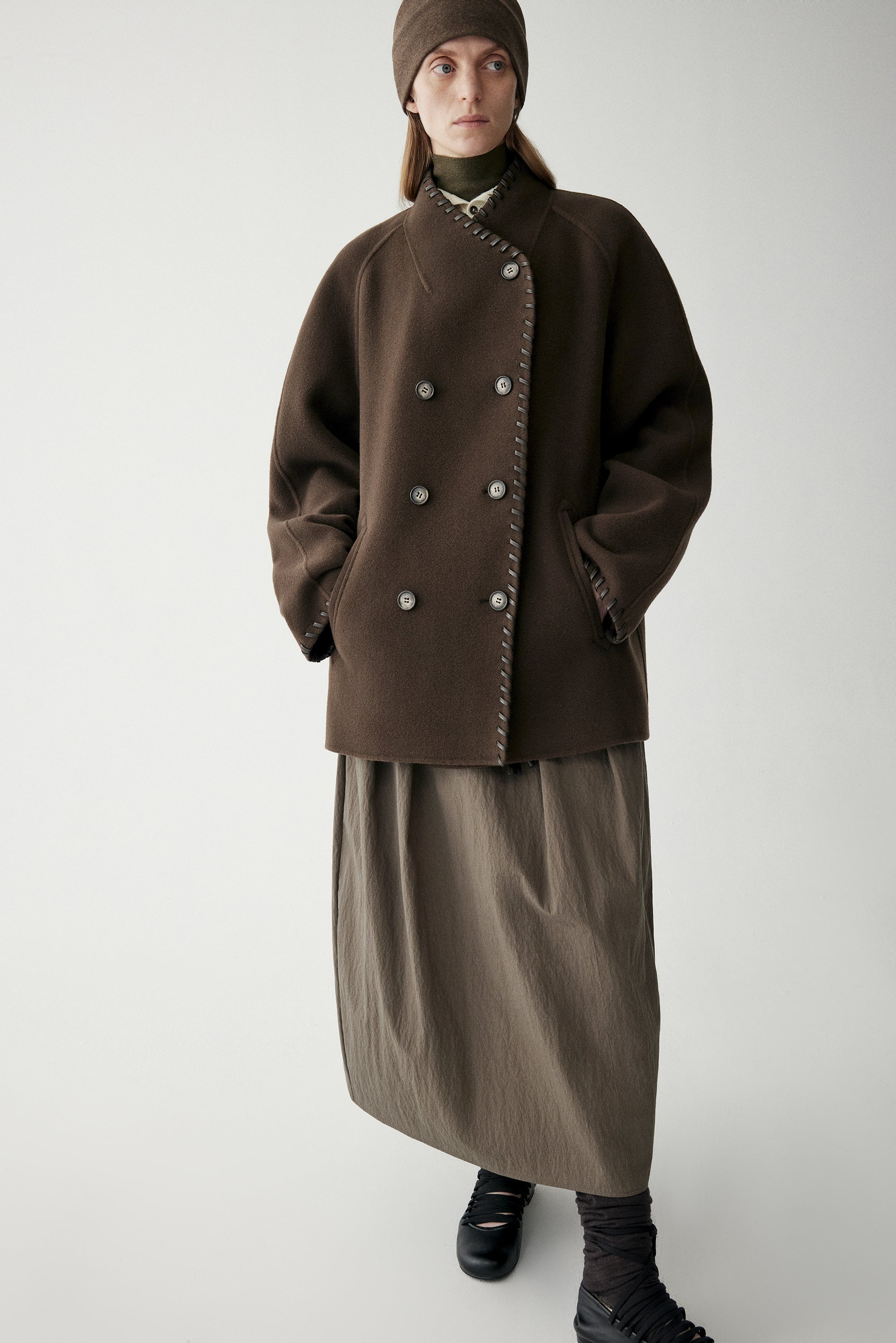 Leather Trimmed Wool Coat