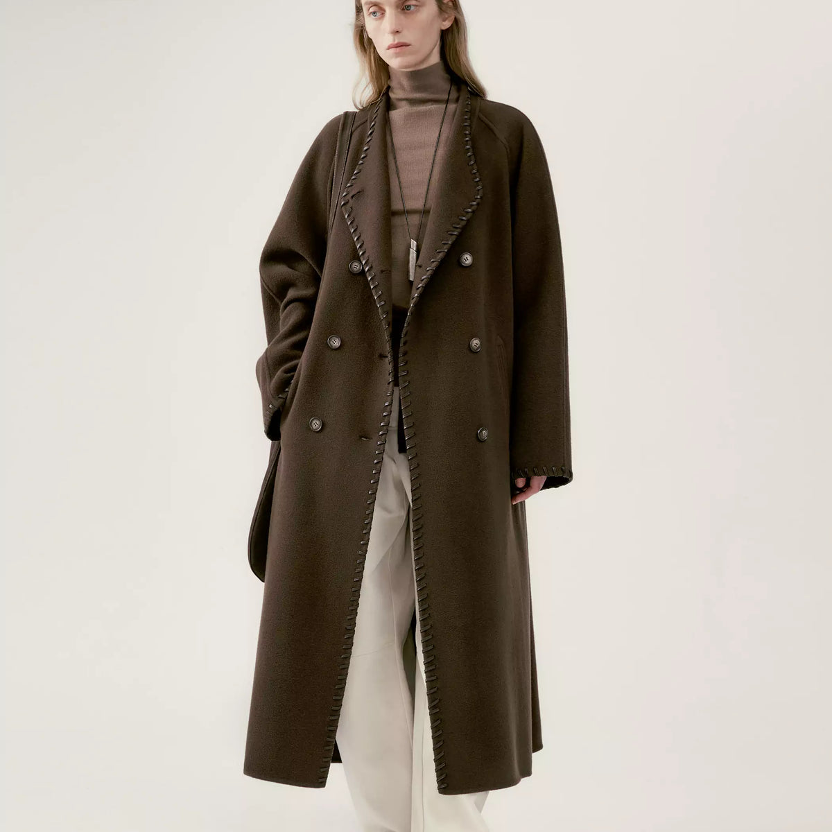 Long Leather Trimmed Wool Coat