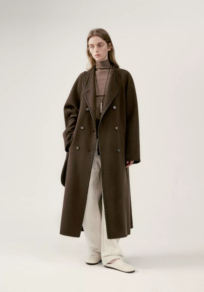 Long Leather Trimmed Wool Coat