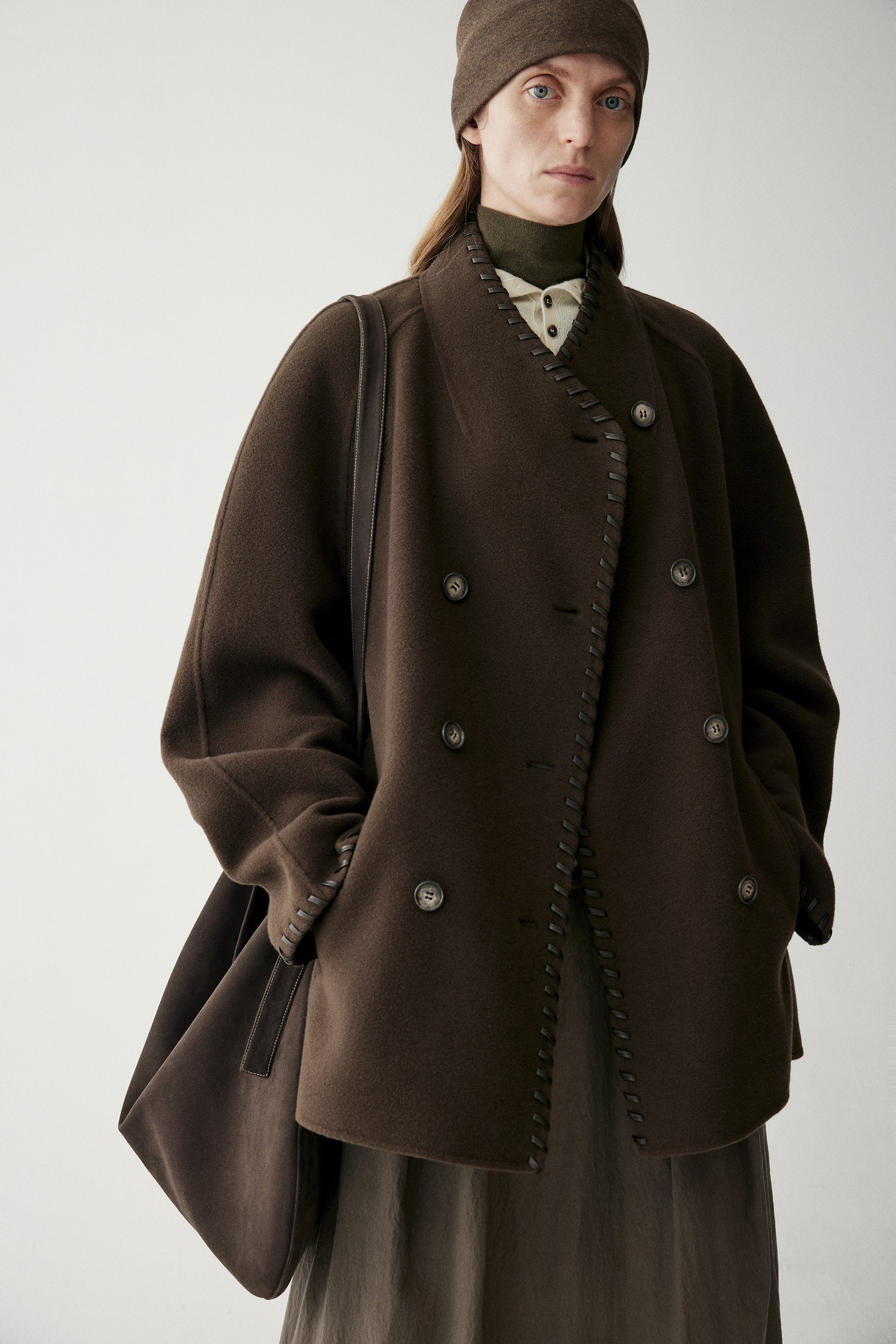 Leather Trimmed Wool Coat