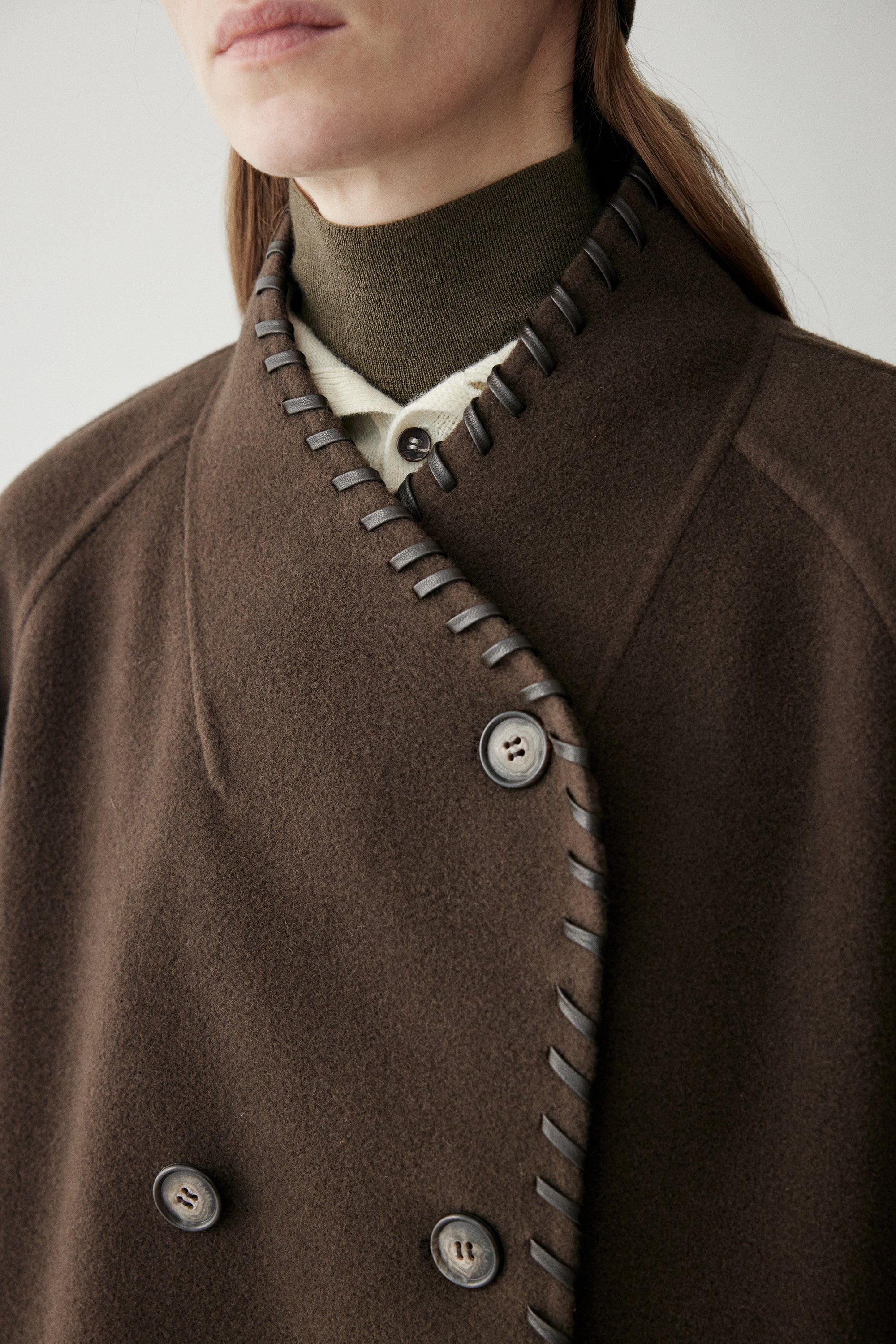 Leather Trimmed Wool Coat