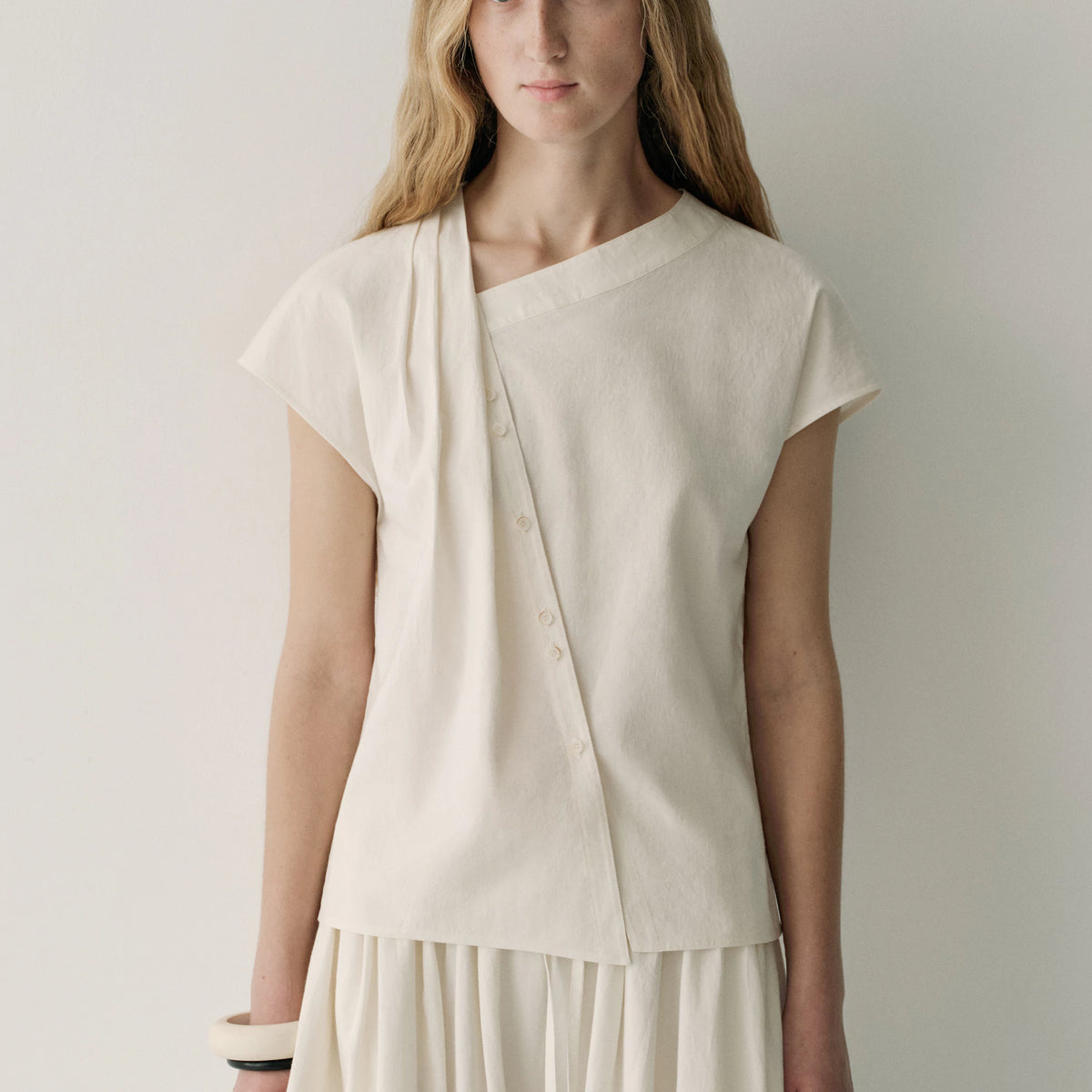 Asymmetric V-Neck Top | Cap Sleeve Diagonal Placket | INSIS